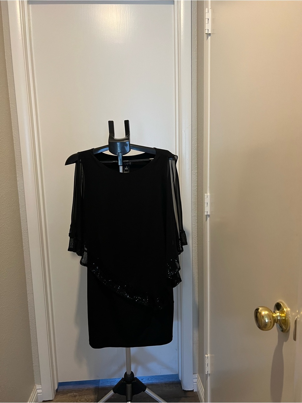 Enfocus Studio Black Mini Dress with Sheer Draped Sleeves